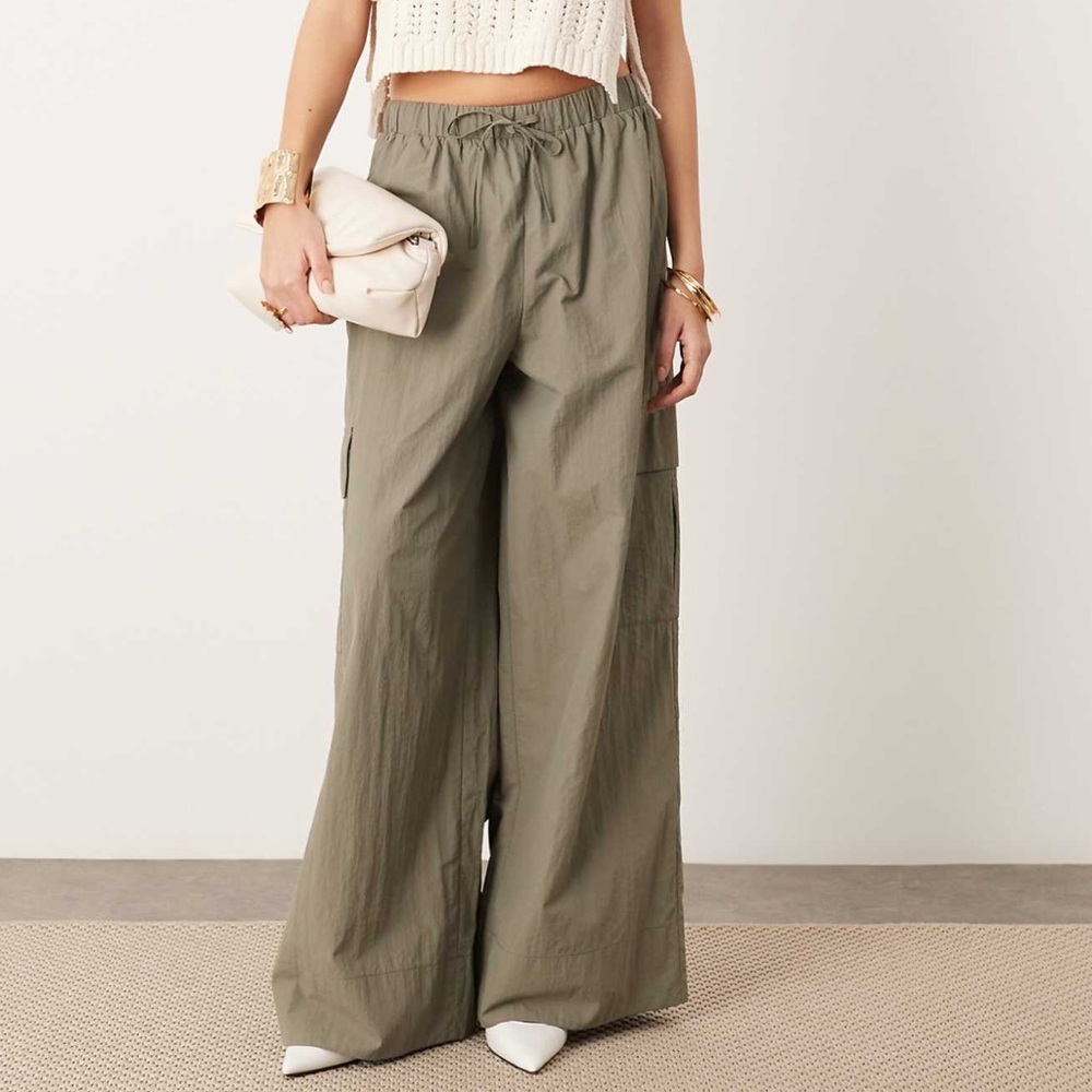 ASOS EDITION drawstring wide leg pants with cargo pocket in khaki
